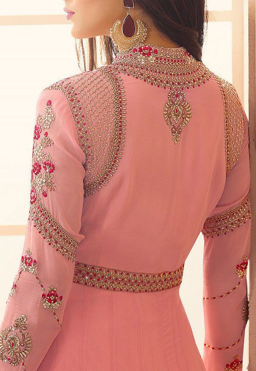 Embroidered Georgette Abaya Style Suit in Light Peach Pink Long Sets With Intricate Embroidery, Pink Sets With Intricate Embroidery, Long Pink Sets With Intricate Embroidery, Elegant Peach Sets For Eid, Embroidered Pink Salwar Kameez With Long Sleeves, Anarkali Abaya With Zari Work And Long Sleeves, Pink Embroidered Long Sleeve Salwar Kameez, Floor-length Georgette Abaya For Wedding, Pink Long Churidar With Resham Embroidery