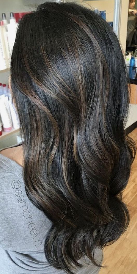 Dark brunette with subtle lowlight bayalage Brown Hair And Highlights, Black Hair Balayage, Brown Hair Inspo, Brunette Hair With Highlights, Dark Brunette, Black Hair With Highlights, Dark Hair With Highlights, Brown Hair Balayage, Low Lights Hair