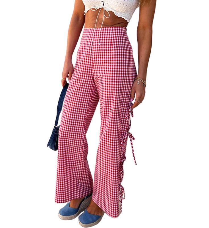 PRICES MAY VARY. Material: Polyester and cotton blend. Y2k plaid long pants, wide leg plaid print lounge pants, super soft, skin friendly, breathable, relaxed fit, are perfect for staying cool and stylish all season long. Feature: Plaid wide leg pants, side bow tie pants pajama trousers, tie up legs that give you the freedom to adjust the fit and a loose silhouette, hollow out, elastic high waist, summer sweatpants pajama bottoms, gingham lounge pants. Style: Women girls loose plaid pants, bow t Bow Outfit Women, Pants With Ruffles Bottoms, Fun Pants Women, Cottage Core Pants, Checkered Pants Outfit, Pajama Trousers, Uga Gameday, Summer Sweatpants, Gingham Trousers