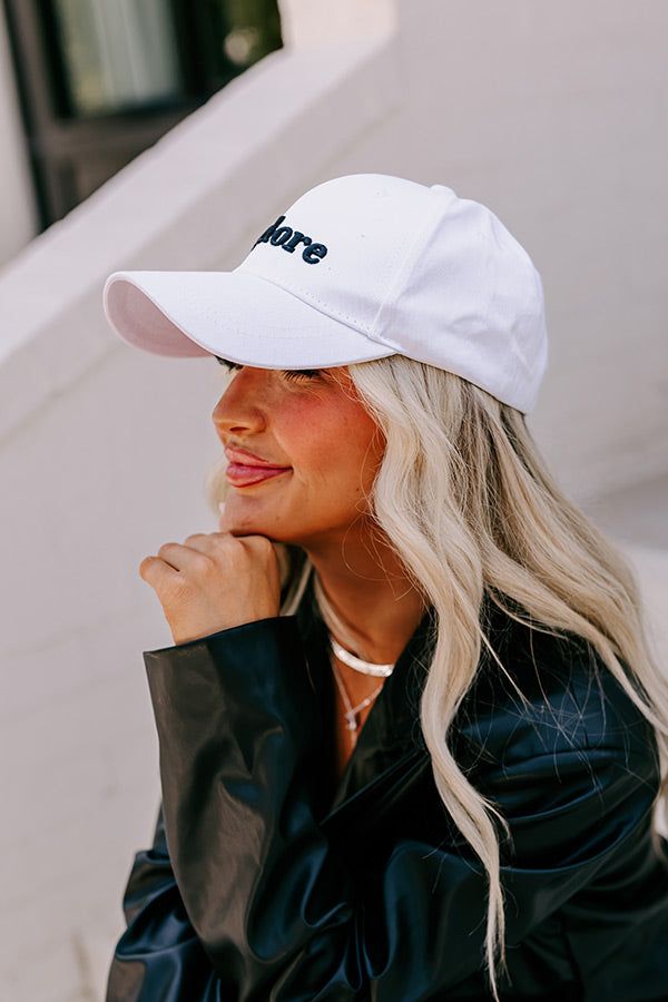 - This adorable cap will step up your casual style game! - A rounded bill - An adjustable back - Black colored 'J'adore' embroidery on the front White Snapback Visor Hat With Letter Print, White Letter Print Visor Snapback Hat, White Letter Print Snapback Visor Hat, Trendy White Snapback Hat With Curved Visor, White Trucker Hat With Letter Print Visor, White Snapback Trucker Hat With Letter Embroidery, White Adjustable Fitted Hat With Letter Print, Trendy White Baseball Cap With Embroidered Logo, White Snapback Baseball Cap With Letter Embroidery