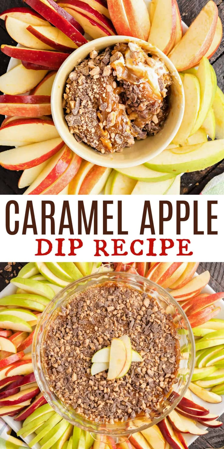 caramel apple dip recipe with apples in the background