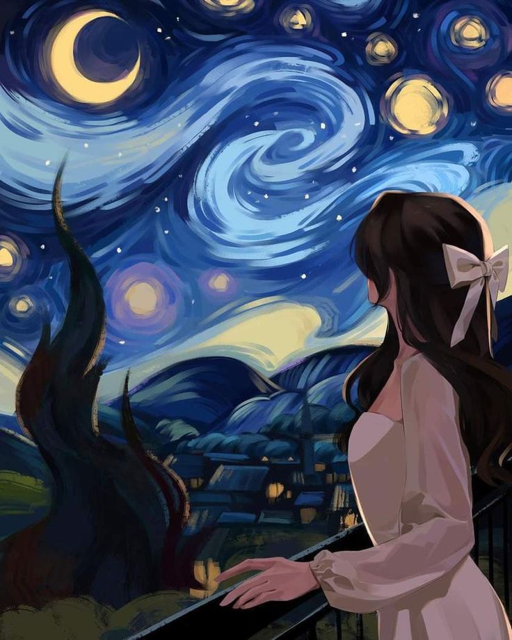 a painting of a girl looking at the night sky