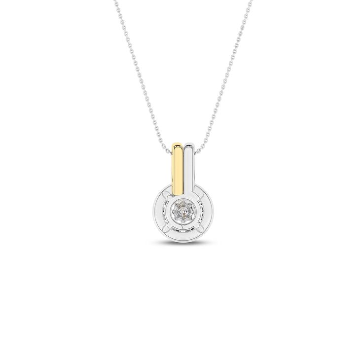 Discover timeless elegance with our Coupled Solitaire Bezel Necklace, a captivating blend of sterling white and radiant yellow gold. To enhance its brilliance and allure, it features a stunning round lab-grown diamond in a bezel setting. The unique double bail design adds a contemporary twist, allowing the diamond to float gracefully on the neckline, catching every glimmer of light. This diamond pendant necklace effortlessly blends classic charm with modern style, perfect for everyday wear and s Timeless White Gold Diamond Necklace With Round Stone, Timeless White Gold Necklace With Round Cut, White Gold Jewelry With Lab Grown Diamond Center Stone, White Gold Jewelry With Round Center Stone, White Gold Round Lab Grown Diamond Necklace, White Sterling Silver Diamond Necklace With Round Stone, Anniversary Pendant Necklace With Center Stone, Timeless Silver Diamond Necklace With Round Cut, Fine Jewelry Anniversary Necklace With Center Stone