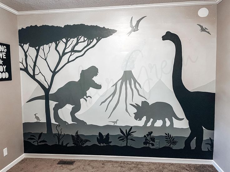 this is an image of a dinosaur mural in a child's room