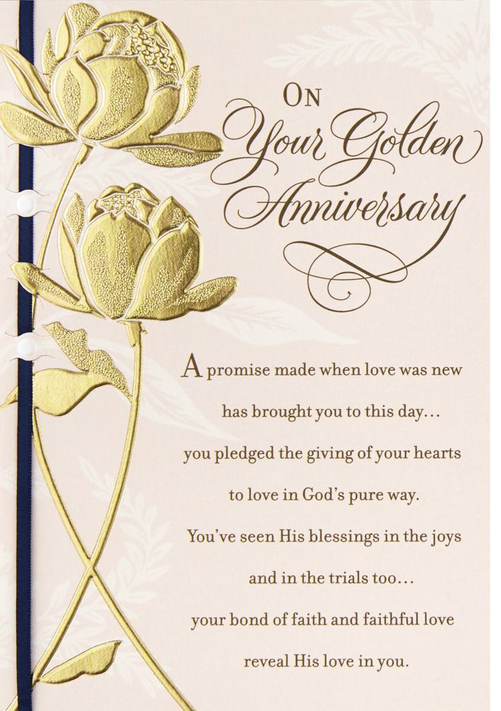 an anniversary card with gold roses on it and the words on your golden anniversary written in cursive writing