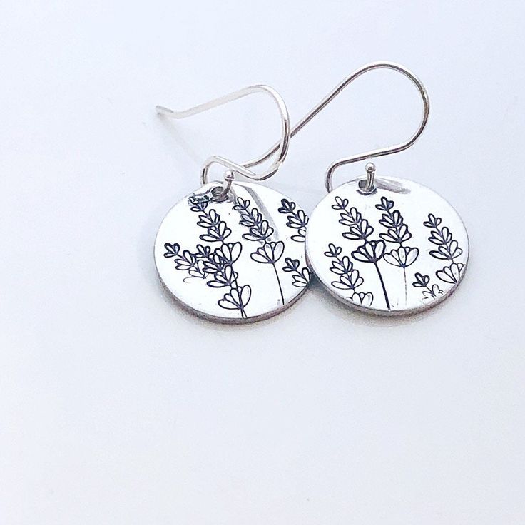 "Lavender Earrings - Silver Disk Earrings, Spring or Summer Earrings, Cute Earrings Gift For Her, Wildflower Earrings, Floral Earrings 5/8\" pewter or sterling silver discs are stamped with beautiful lavender flowers. They hang from sterling silver ear wires. The earrings measure about 1\" from the top of the earwire to the bottom of the disc. Choose your disc metal from the drop down box (earwires are always sterling silver!)" Delicate Nickel-free Earrings As Gift For Her, Nickel-free Earrings For Mother's Day Gift, Nickel Free Earrings For Mother's Day Gift, Nickel-free Earrings Gift For Mother's Day, Dainty Sterling Silver Birth Flower Earrings, Nickel Free Botanical Earrings For Gifts, Nickel Free Botanical Earrings As Gift, Silver Botanical Earrings For Gift, Botanical Silver Earrings For Gift