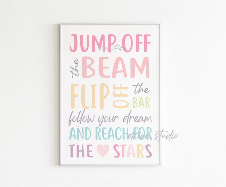 a poster with the words jump off and beam in different colors on a white wall