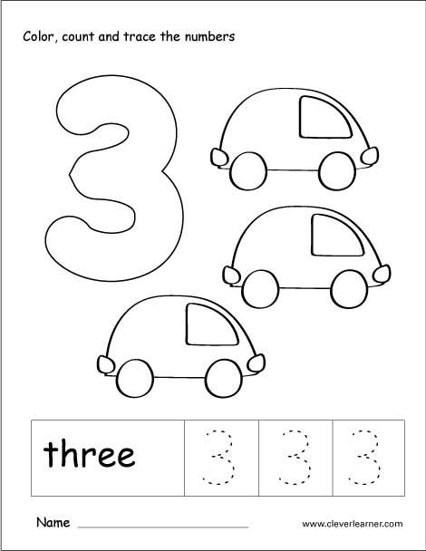 the number three coloring page for children to learn numbers 3 - 5, with pictures of cars