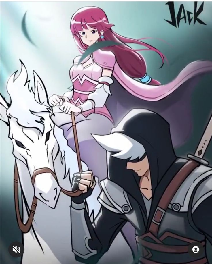 an anime character riding on the back of a horse next to a woman with pink hair