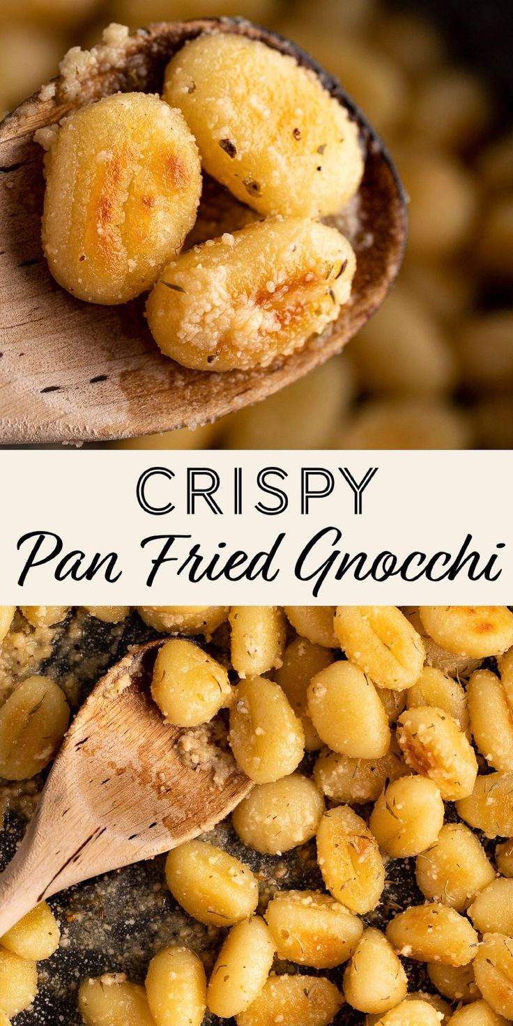 crispy pan fried gnocchini on a wooden spoon