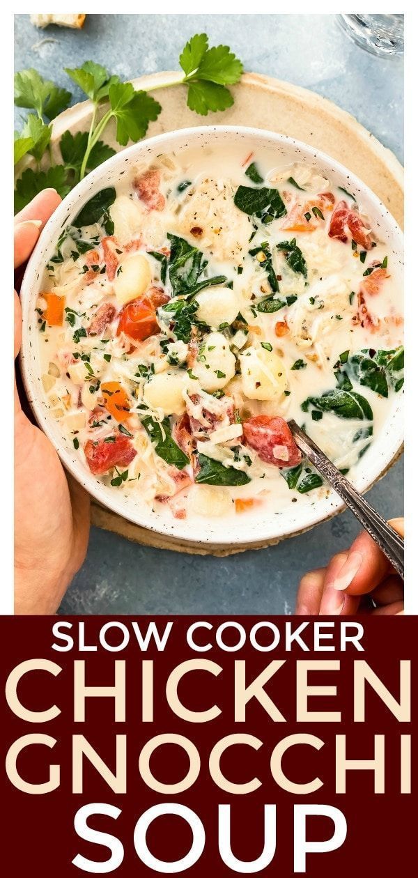 two hands holding a bowl of chicken gnocchi soup with spinach and tomatoes