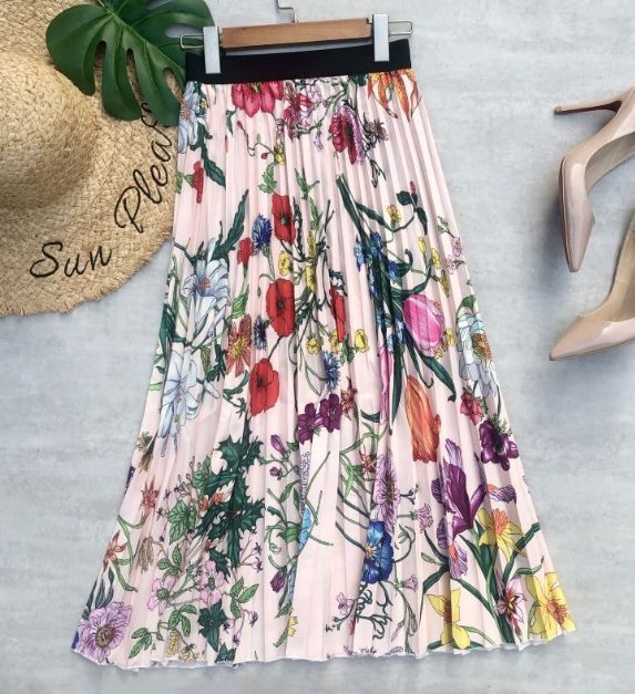 Non-stretch Summer Midi Skirt, Chic Floral Print Pleated Skirt For Spring, Casual Pleated Midi Skirt For Spring, Pink Flowy Pleated Skirt For Summer, Stretch Floral Print Skirt For Day Out, Pleated Flowy Skirt For Spring, Casual Full Pleated Skirt For Spring, Flowy Pleated Skirt For Spring Day Out, Casual Long Pleated Skirt For Spring