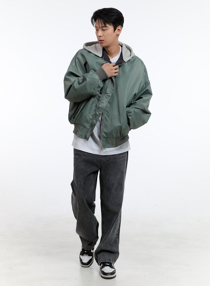 Product Detail Style : Street, Casual Occasion : Back to school Type : Men Detail : Zip up, Pockets, Hood Print : Solid Material : Polyester Sleeve : Long sleeve Neck : Hood Fit : Loose fit Polyester100 Color : Dark green, Dark red, Black Made in Korea Model Size Model is wearing size M/L and the color Dark green. Height : 6'0" | 184cm / Top : L / Bottom : XL (32 inch) .prddescription table, .prddescription td, .prddescription th { border : 1px solid black; border-collapse : collapse; padding: 1 Casual Fall Windbreaker For College, Casual Cotton Varsity Jacket, Trendy Cotton Varsity Jacket For Outdoor, Oversized Long Sleeve Windbreaker For College, Urban Green Windbreaker For Fall, Khaki Relaxed Fit Outerwear For Streetwear, Casual Khaki Relaxed Fit Outerwear, Casual Relaxed Fit Khaki Outerwear, Oversized Casual Varsity Jacket With Ribbed Cuffs