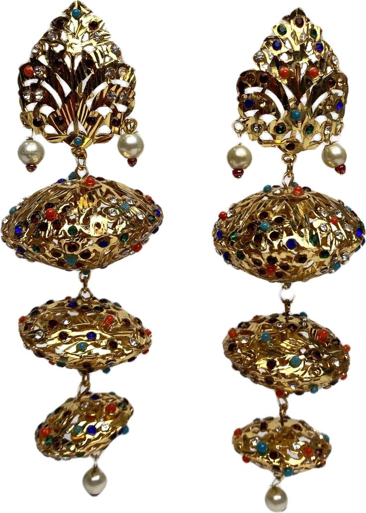 Pakistani gold plated multicoloured statement earings Elegant Multicolor Jhumkas For Festive Occasions, Festive Multicolor Chandbalis With Intricate Design, Festive Multicolor Tilla Danglers, Multicolor Latkan Earrings For Diwali, Multicolor Jhumkas For Eid Festival, Multicolor Jhumkas For Eid Festive Occasion, Multicolor Latkans Earrings For Diwali, Metal Chandbali Bridal Earrings For Festivals, Multicolor Tilla Chandbalis For Party