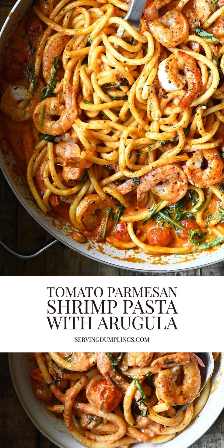 pasta with shrimp and tomato sauce in a skillet