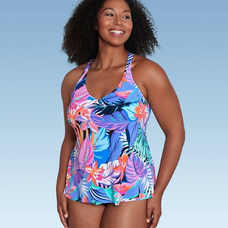 This V-Neck Tankini Top from Aqua Green makes for a chic, comfortable option you can pair with a variety of swim bottoms. The tankini top features a multicolor floral print that pairs easily with patterned and solid bottoms alike. A V-neckline provides a flattering, comfortable fit, while removable soft cups let you customize your level of coverage. Racerback straps give you a stay-put fit for confident wear in and out of the water, while UPF 50+ rated fabric helps protect your skin from UV rays. Multicolor V-neck Tankini For Swimming, Vacation Racerback Swimwear With Built-in Bra, Vacation Swimwear With Built-in Bra And Racerback, Multicolor Tankini With Built-in Bra For Beach, Tropical V-neck Tankini For Swimming, Multicolor V-neck Tankini For Pool, Multicolor Tankini With Built-in Bra For Swimming, Tropical Multicolor Swimwear With Built-in Bra, Multicolor V-neck Tankini For Beachwear