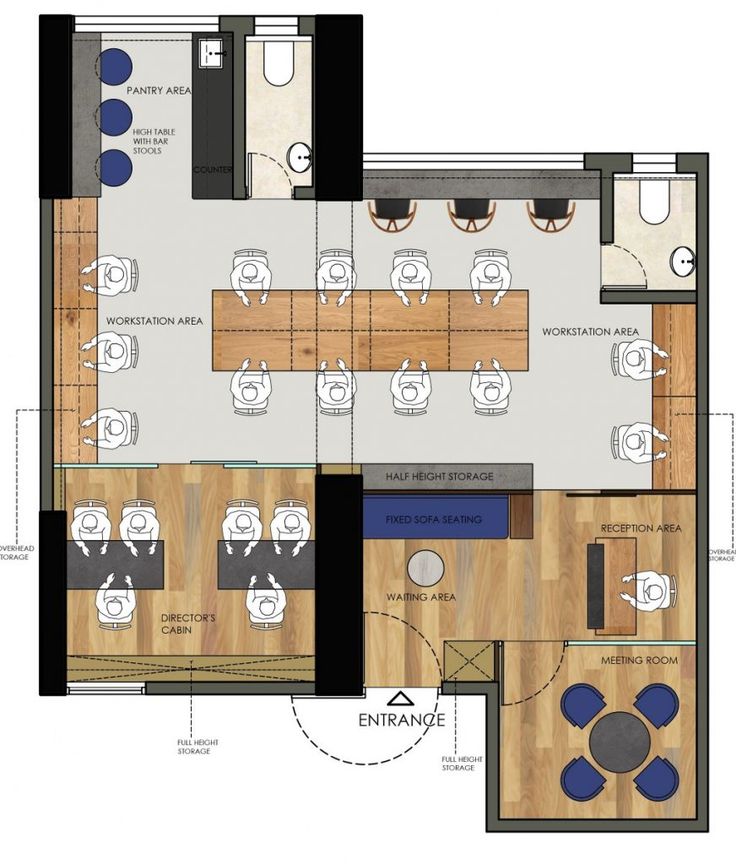 the floor plan for an office with several tables and chairs