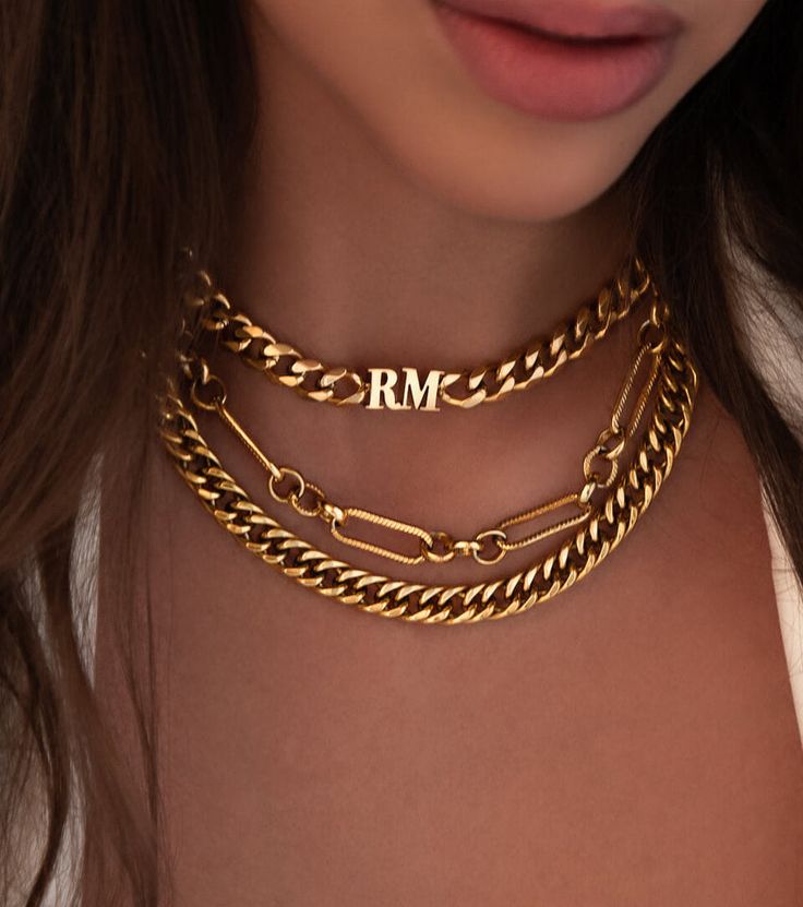 Initial Choker (Gold) Elegant Personalized Stainless Steel Chain Necklace, Trendy Cuban Link Jewelry Gift, Customized Gold Cuban Link Jewelry, Elegant Personalized Chain Link Necklace, Trendy Personalized Yellow Gold Name Necklace, Trendy Customizable Nameplate Jewelry, Elegant Personalized Chain Link Necklaces, Elegant Jewelry With Curb Chain For Personalized Gift, Elegant Curb Chain Jewelry For Personalized Gift