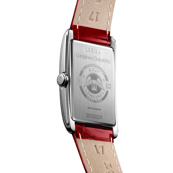 The Longines DolceVita Collection watch featuring a 23mm rectangular case in stainless steel, sapphire crystal, red alligator leather strap with buckle and quartz movement. Silver tone dial with blue hands and Roman numeral indexes. Small seconds subdial and End of Life (E.O.L.) feature. Water resistant up to 30 meters. Classic Red Leather Watch, Classic Red Watches With Date Display, Red Leather Business Watch, Timeless Red Watches With Rectangular Dial, Timeless Red Watches With Diamond Hour Markers, Red Watch With Rectangular Dial For Gift, Timeless Red Leather Watch, Timeless Red Watch With Rectangular Dial, Timeless Red Watch With Diamond Hour Markers