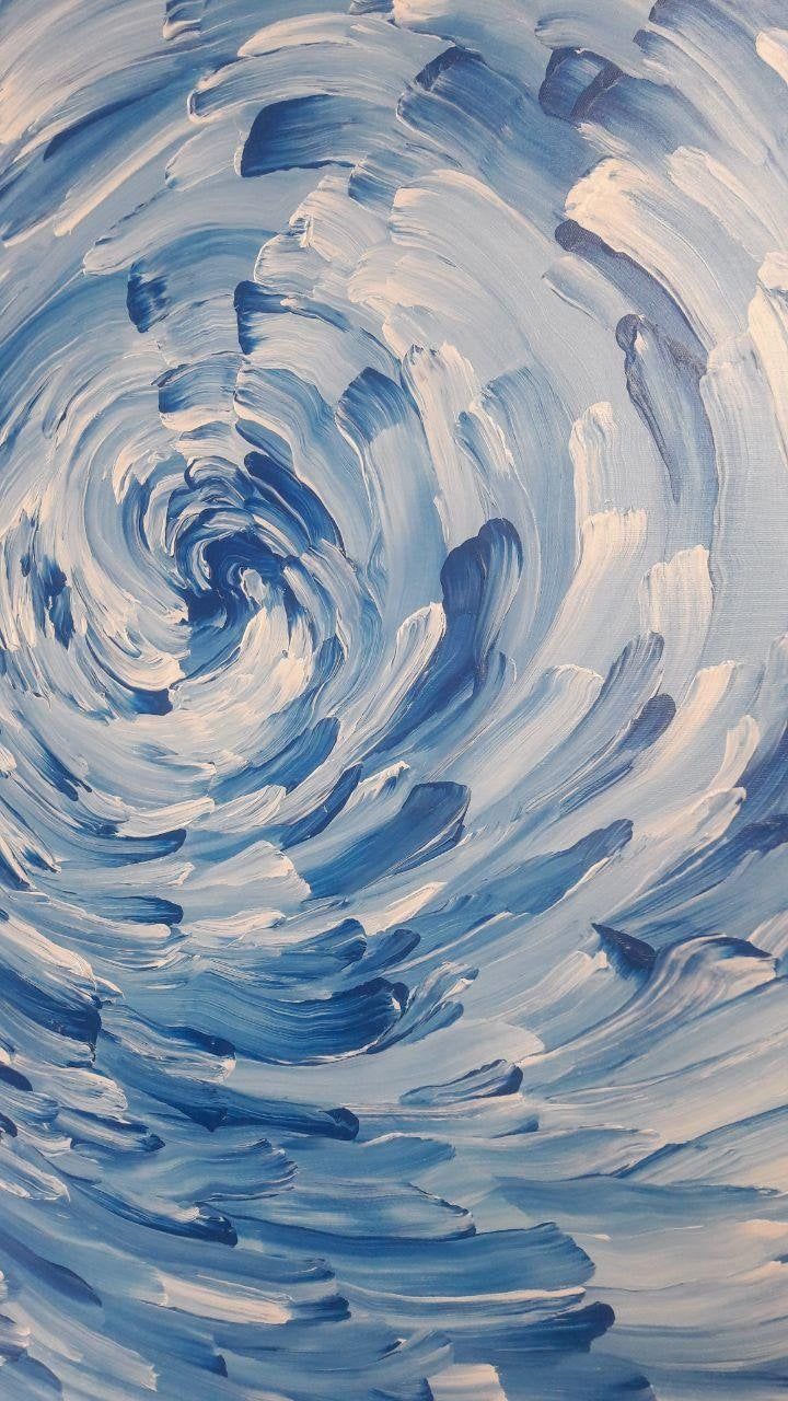 a painting with blue and white swirls in the center, on a canvas background