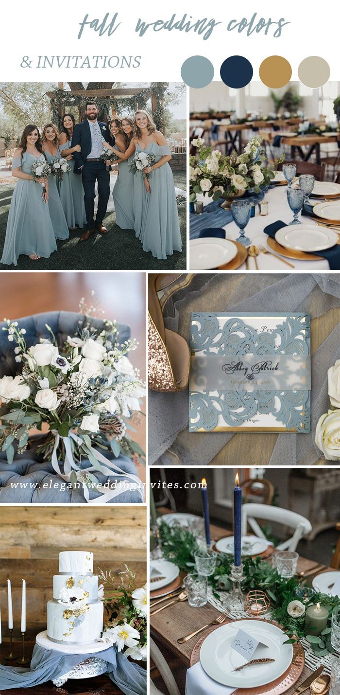 a collage of photos with different colors and wedding details on them, including blue and gold