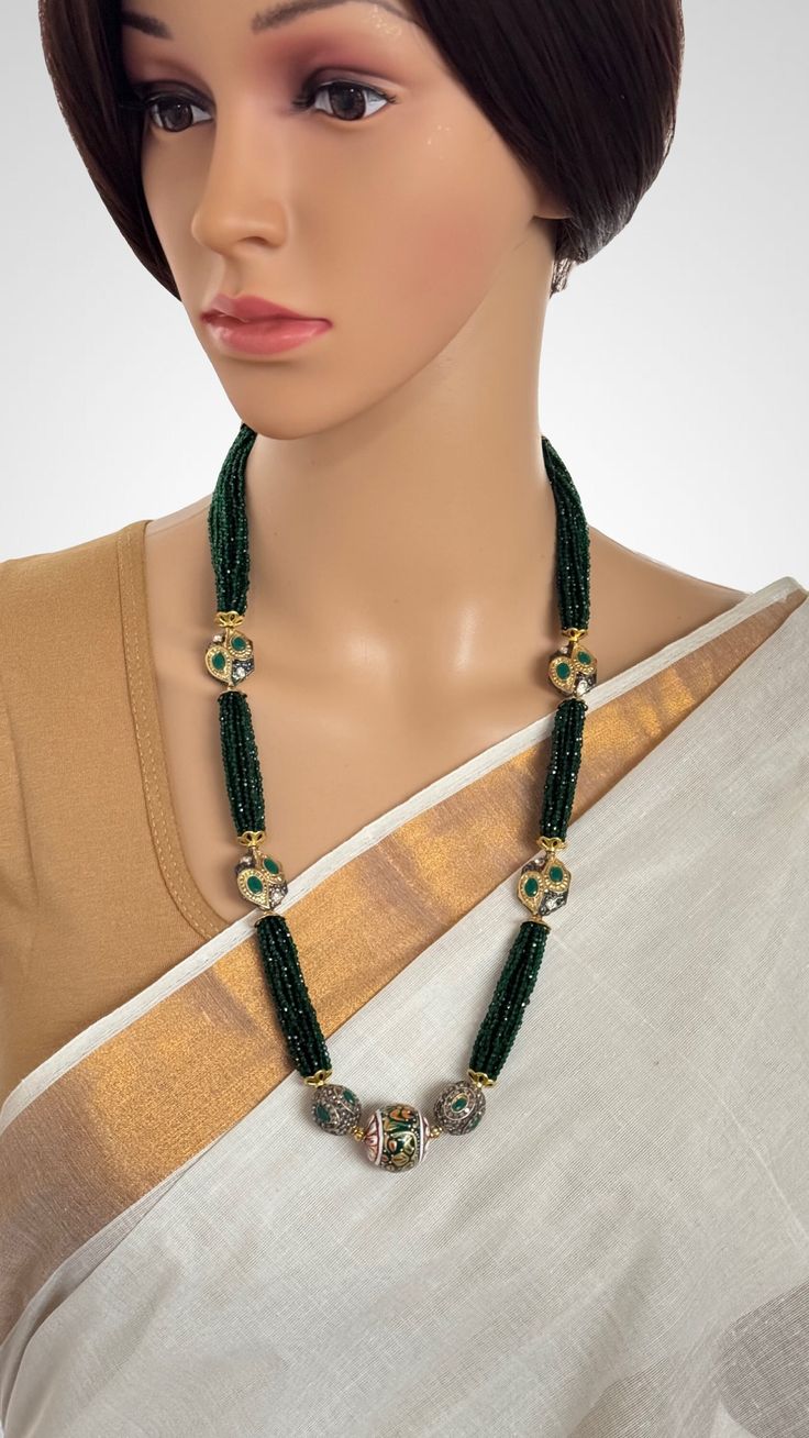 Green Meenakari Semi-Precious Stones beads mala Necklace/Rajasthani Necklace/Rajwadi mala /Indian jewelry/Sabyasachi Indian wedding Regular size and adjustable. Handmade Temple Jewelry Beaded Necklaces For Festivals, Spiritual Kundan Necklace For Ceremonial Occasions, Kundan Beaded Necklaces For Festivals, Kundan Beaded Necklace With Meenakari For Puja, Beaded Jewelry For Navratri Wedding, Festival Kundan Beaded Necklaces As Gifts, Kundan Necklaces With Round Beads For Festivals, Temple Jewelry With Meenakari Round Beads, Spiritual Kundan Jewelry With Round Beads