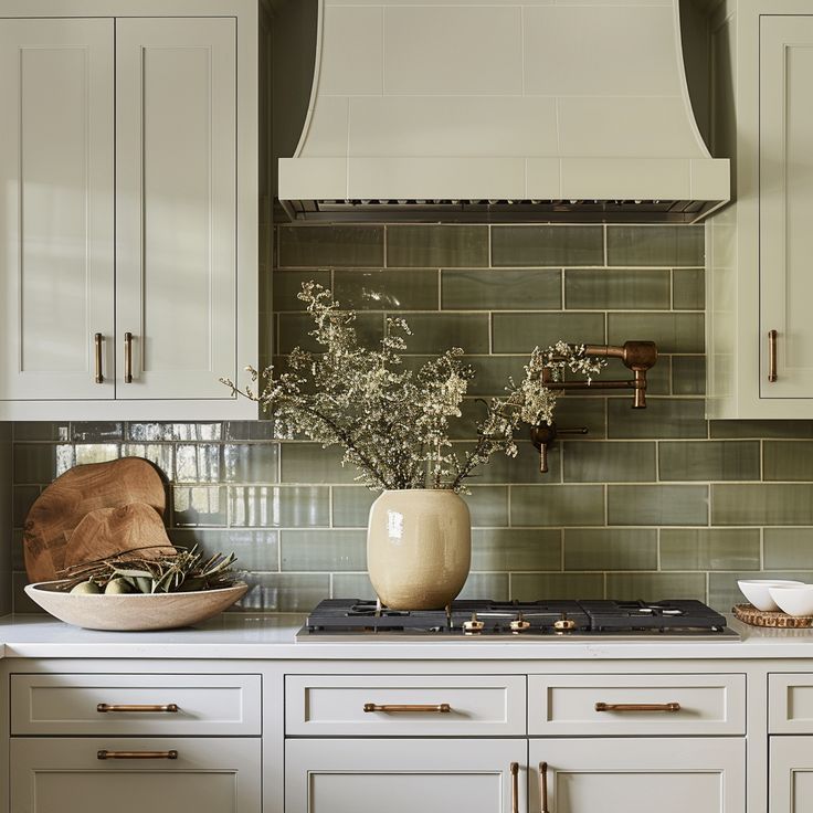 a kitchen with white cabinets and green tiles on the backsplash is pictured in this image