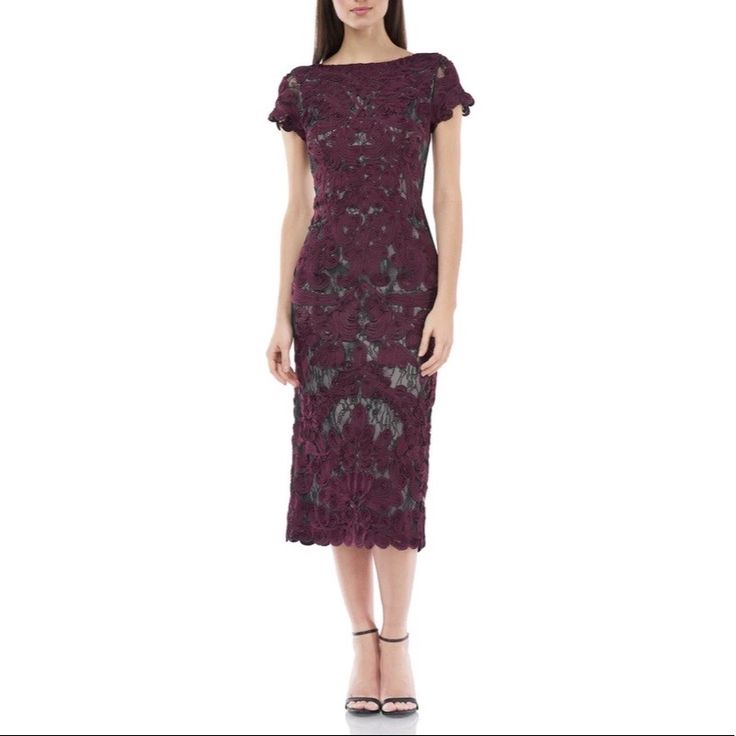 Make Your Mark In This Lace Embroidered Cocktail Dress. The Flattering Midi Length Will Accentuate Your Natural Curves. Pair With A Nude Heel And Let This Stunning Dress Do The Rest. Novelty Soutache Embroidered Lace Tea Length Dress. Body: 100% Nylon Lining: 100% Polyester Boat Neckline Short Sleeves Fitted Straight Silhouette Midi Length Lace Embroidery Professional Dry Clean Only Style Number: 865626 Lace Tea Length Dress, Embroidered Cocktail Dress, Ribbon Dress, Bride Clothes, Tea Length Dresses, Dress Purple, Lace Midi, Lace Midi Dress, Groom Dress