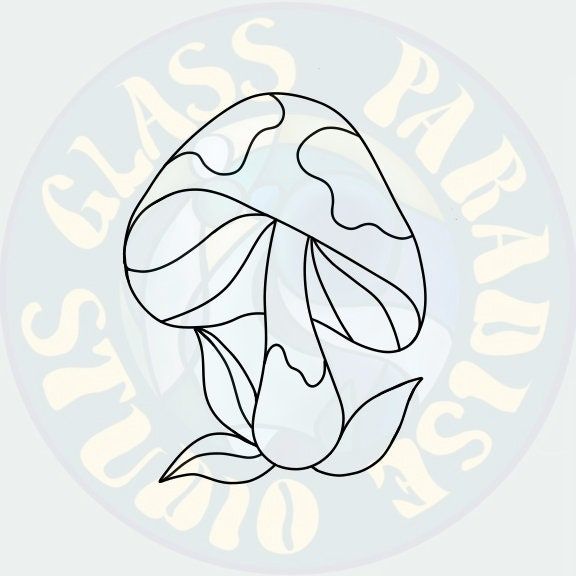 a black and white drawing of a mushroom on a light blue background with the words glass mushrooms above it