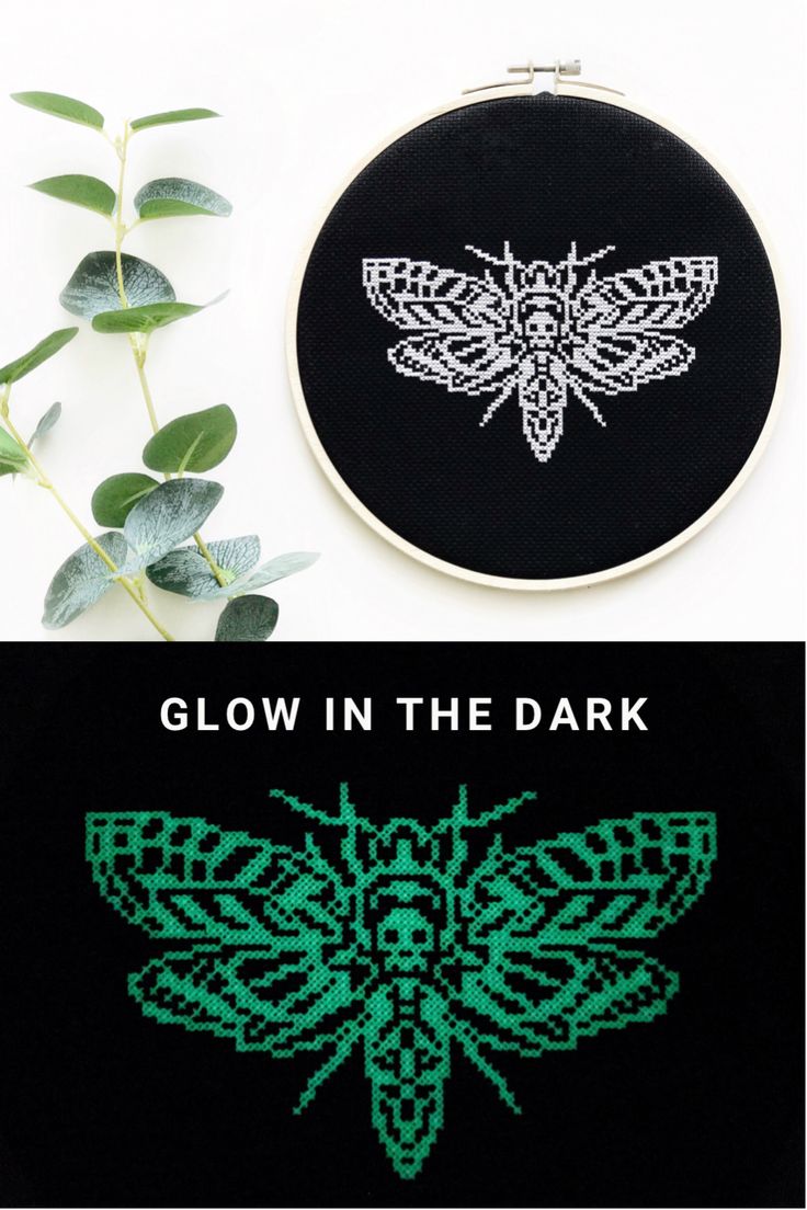 a cross stitch bee with the words glow in the dark on it