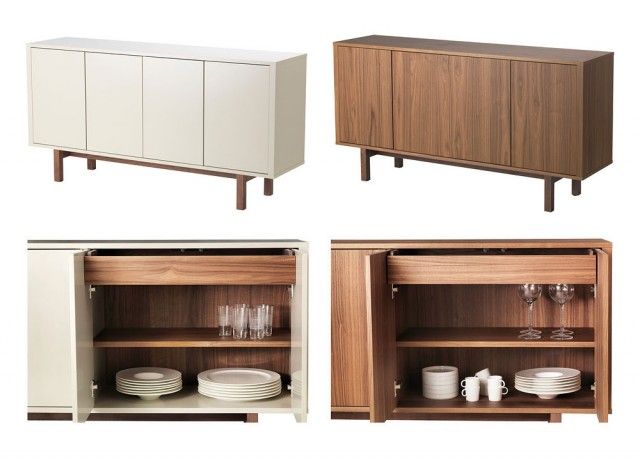 four different types of cabinets with plates and glasses