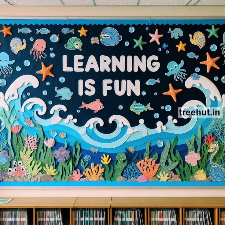 a classroom wall with bookshelves and an ocean scene painted on the side, reading learning is fun