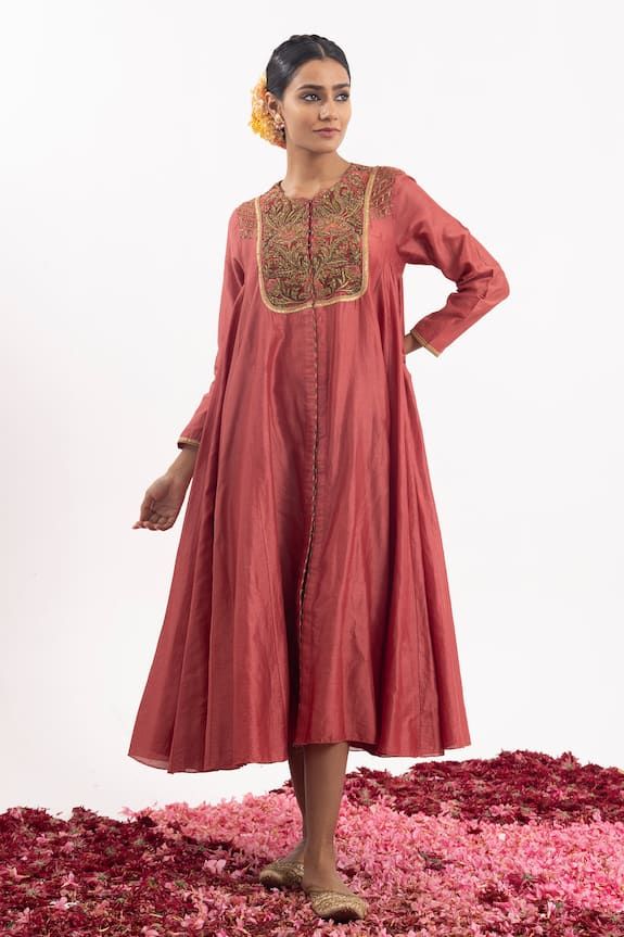 Peach kalidar tunic with embroidered yoke in floral pattern using thread, tubes, cutdana. - Aza Fashions Bollywood Style Designer Tunic Dress, Anarkali Embroidered Dress In Raw Silk With Resham Embroidery, Anarkali Embroidered Dress With Resham On Raw Silk, Anarkali Embroidered Dress With Zari Work, Anarkali Embroidered Dress In Raw Silk, Anarkali Raw Silk Dress With Resham Embroidery, Anarkali Embroidered Dress With Zari Work And Long Sleeves, Long Sleeve Embroidered Art Silk Anarkali Set, Long Sleeve Embroidered Dress With Zari Work For Reception