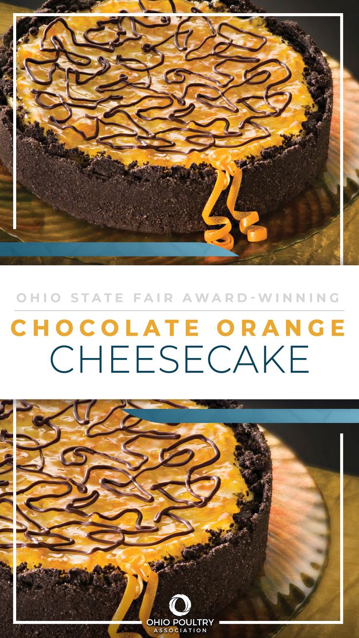 chocolate orange cheesecake with caramel drizzle on top and the words, chocolate orange cheesecake