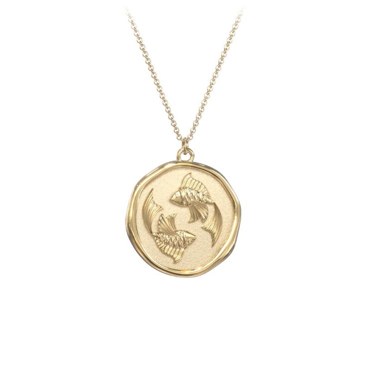 10K Yellow Gold Engravable Pisces Zodiac Medallion Necklace | Jewlr Yellow Gold Zodiac Sign Coin Necklace, Yellow Gold Zodiac Coin Necklace, Yellow Gold Zodiac Sign Medallion Necklace, Elegant Zodiac Sign Round Pendant Necklace, Yellow Gold Zodiac Sign Coin Necklace As Gift, Celestial Round Medallion Necklace For Gifts, Celestial Medallion Necklace Gift With Round Pendant, Elegant Zodiac Sign Medallion Necklace, Elegant Zodiac Sign Medallion Necklaces