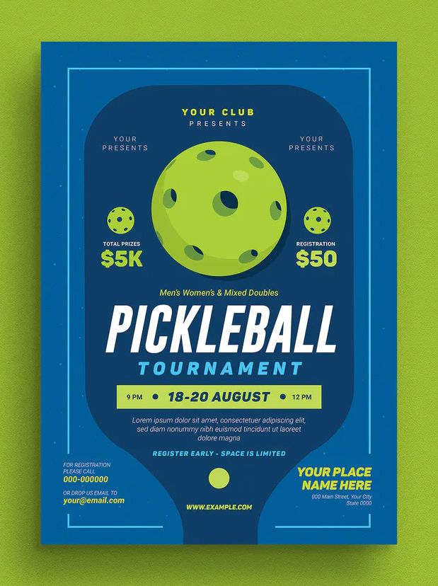 a flyer for a pickleball tournament with a green ball on the back and blue background