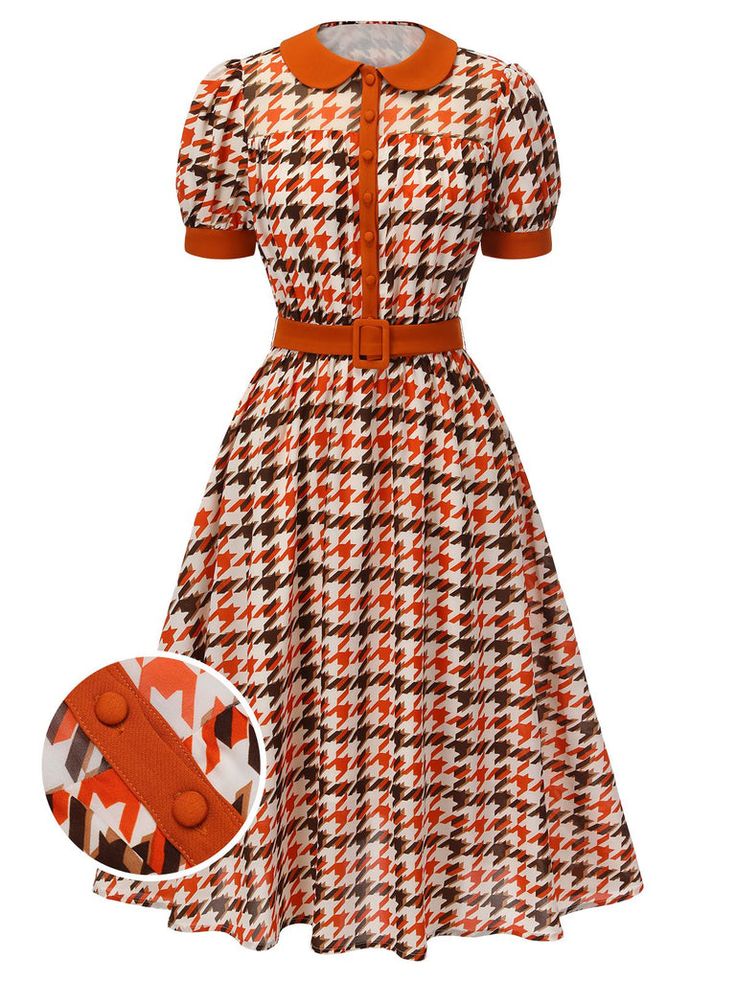 Orange 1940s Houndstooth Doll Collar Dress | Retro Stage Doll Collar Dress, Retro Stage, Doll Collar, Standard Dress, 1940s Dresses, Vestidos Vintage, Houndstooth Pattern, Plus Size Shopping, Patchwork Dress