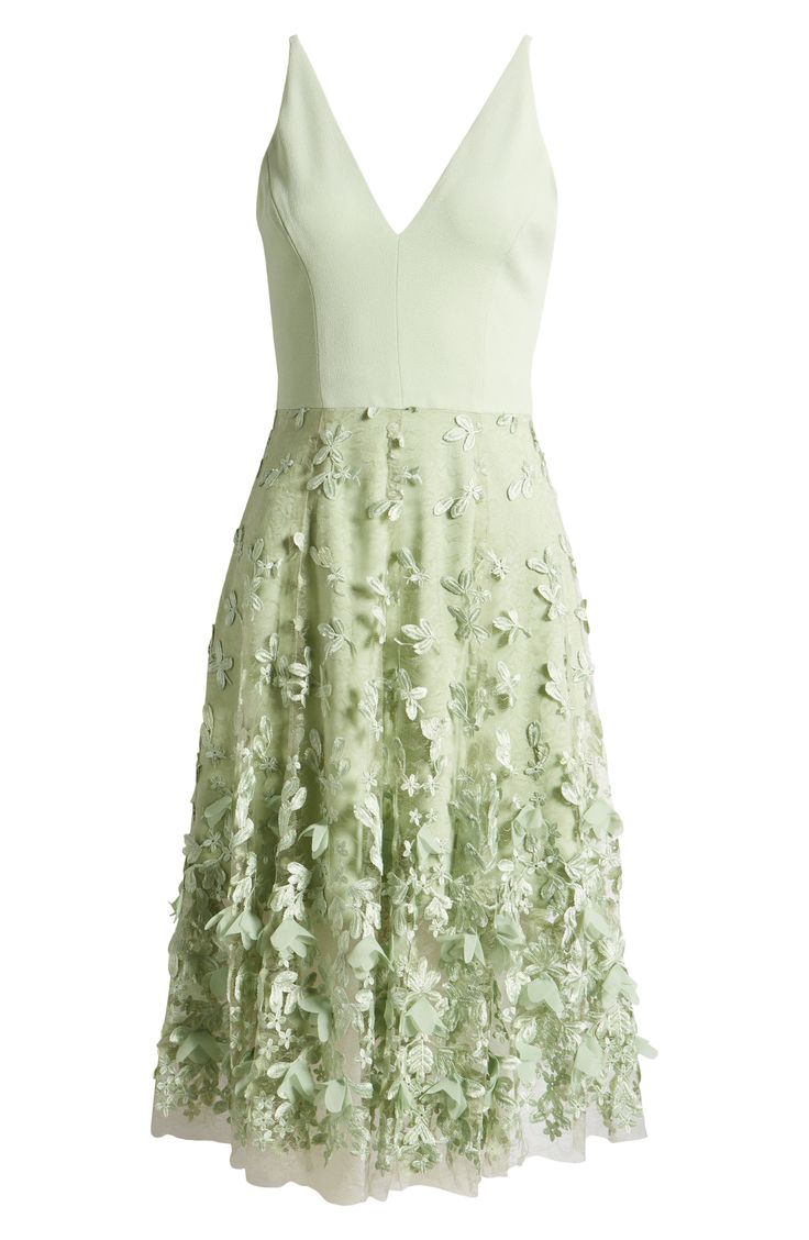 A floral-embroidered mesh skirt floats over the minidress base layer of this alluring midi that can easily dance the night away. 44 1/2" length (size Medium) Hidden back-zip closure Deep V-neck Lined 100% nylon Dry clean or hand wash, line dry Imported Summer Evening Midi Dress With Floral Applique, Floral Embellished V-neck Evening Dress, Spring Embellished A-line Midi Dress, Summer Evening Midi Dress With Floral Embroidery, Evening Knee-length Dress With Floral Applique, Feminine Floral Embellished Midi Dress For Evening, Elegant Floral Applique Midi Cocktail Dress, Elegant Floral Applique Midi Dress For Cocktail, Elegant Cocktail Midi Dress With Floral Applique