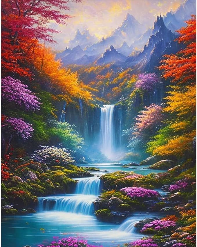 a painting of a waterfall surrounded by colorful flowers