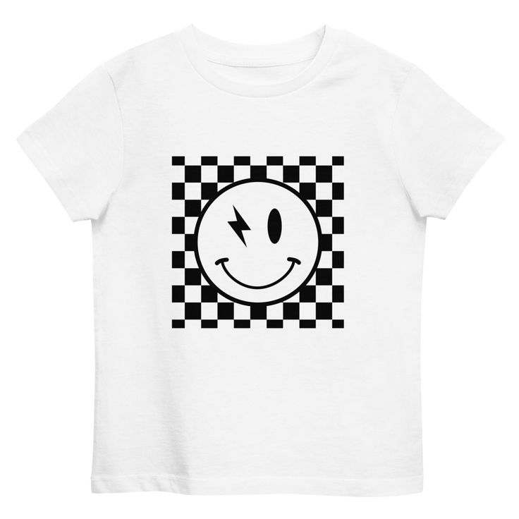 Put your kids in a t-shirt that's cute, super comfortable, and made of natural fabrics! This 100% organic cotton tee is sure to become their favorite! * 100% cotton Playful Cotton T-shirt For Streetwear, White Organic Cotton T-shirt With Graphic Design, Playful White T-shirt With Smiley Face, Playful White Cotton T-shirt, Playful Organic Cotton Graphic T-shirt, Playful Streetwear T-shirt With Logo Print, Playful Black Cotton Shirt, Playful Logo Print T-shirt For Streetwear, Playful Graphic T-shirt For Summer