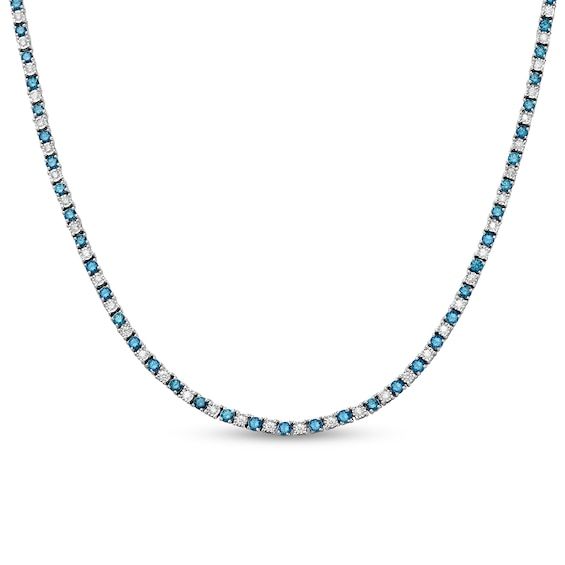 Brighten up your favorite day or evening looks with the classic elegance of this blue and white diamond alternating tennis necklace. Crafted in sterling silver Alluring 1/15 ct. blue diamonds alternate with dainty white diamonds - artfully set to enhance size and sparkle. Captivating with 6-3/4 cts. t.w. of diamonds This 18.0-inch necklace secures with a tongue and groove clasp. Formal Blue Necklaces With Single Cut Diamonds, Blue Round Necklaces With Single Cut Diamonds, Blue Diamond Necklace With Single Cut Diamonds, Classic Blue Diamond Necklace With Diamond Cut, Classic Blue Diamond Cut Diamond Necklace, Classic Blue Diamond Cut Necklace, Blue Diamond Cut Fine Jewelry Necklace, Classic Blue Diamond Necklace, Blue Diamond Cut Necklace In Fine Jewelry Style