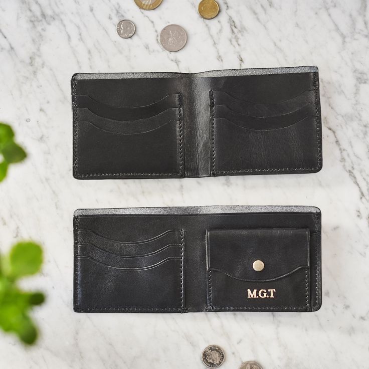 "This leather wallet combines beautiful leather and a functional design - the perfect personalized present for any special man! YOU CAN CHOOSE TO HAVE A COIN POCKET OR MORE CARD SPACE INSIDE TO CUSTOMISE IT TO YOUR NEEDS. (see drop down options section) Each wallet is handmade using our finest leather that has taken us over 2 years to perfect. It's soft and characterful with a beautiful natural grain - it's a joy to use and it will develop a beautiful patina with use. Each leather wallet is care Personalized Leather Trifold Wallet Gift, Personalized Leather Trifold Wallet For Everyday Use, Customizable Leather Wallets, Customizable Leather Wallets For Everyday, Personalized Classic Leather Wallets, Classic Personalized Leather Wallets, Customized Leather Wallet With Rfid Blocking, Customizable Leather Bifold Wallet, Black Leather Wallet As Gift