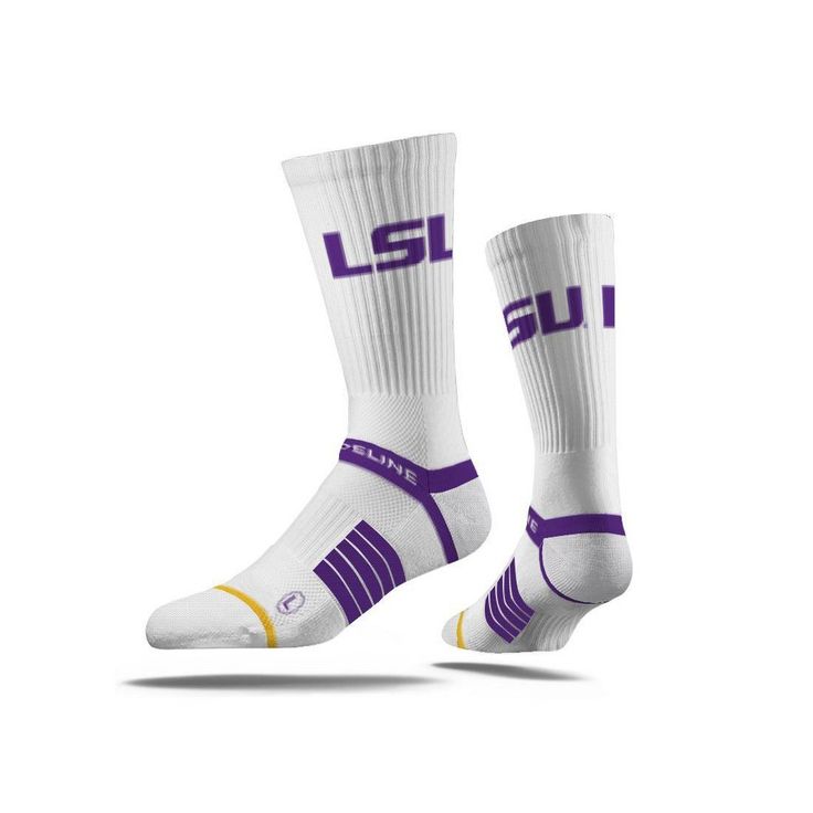 When style, team spirit, and comfort are your top priorities, you choose this sock. These socks pair style and comfort with your team colors and compression padding, a combed cotton blend, strapped fit, invisible toe seam, and moisture wicking features. If you want to rep your team spirit and look and feel good doing it, this is the sock for you. Breathable Sports Socks For Sports Season, Casual Purple Sports Socks, Sporty Socks For Sports Events, White Cotton Sports Socks, Sporty White Fade-resistant Socks, Sporty Fade-resistant White Socks, White Anti-odor Socks For Sports Events, White Anti-odor Socks For Sports, Fade-resistant White Socks For Training