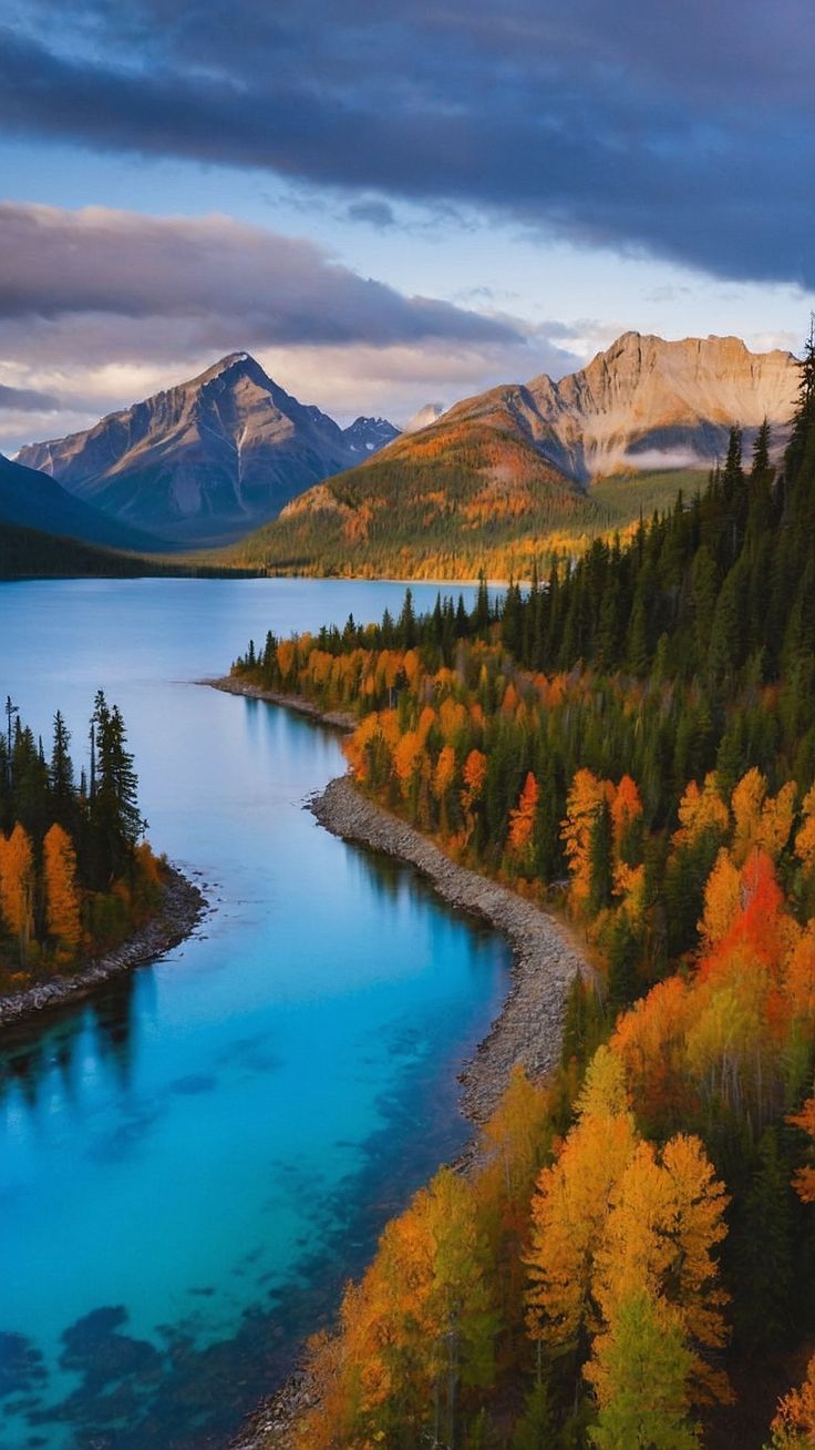 an aerial view of a lake surrounded by trees with fall foliage in the foreground