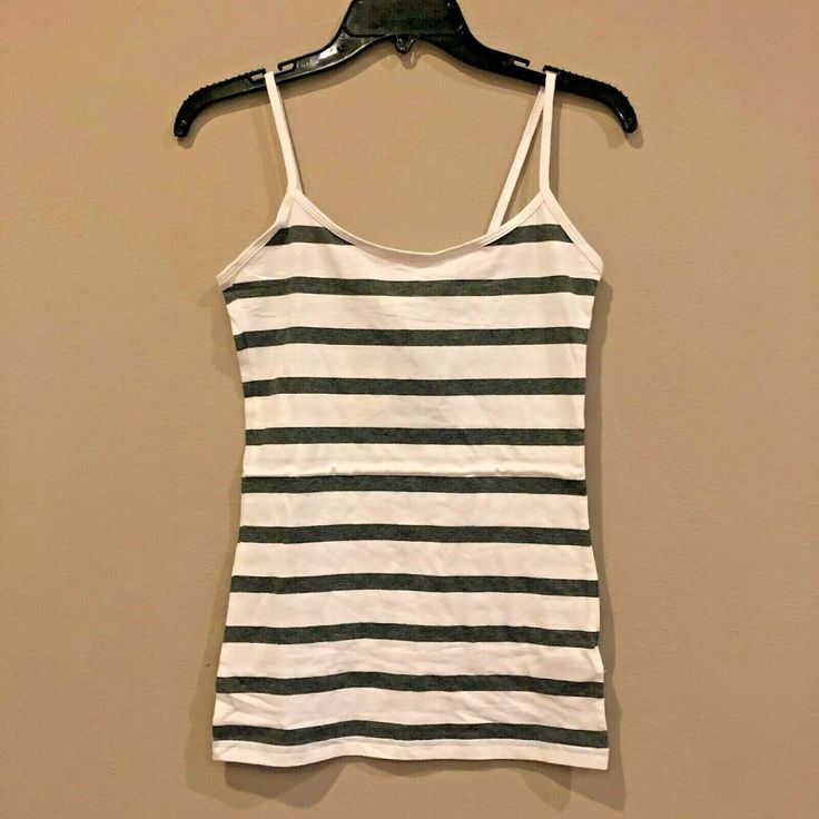 Spaghetti Strap Cami Camisole Top - Medium Grey And White Striped Basic Tank. Casual Tops With Built-in Bra And Spaghetti Straps, Casual Spaghetti Strap Tank Top, Fitted Casual Camisole With Straps, Striped Fitted Tops With Tank Straps, Fitted Striped Tops With Tank Straps, Striped Sleeveless Top With Adjustable Straps, Casual Camisole Tank Top With Straps, Casual Cami Top With Straps, Casual Camisole Tops With Straps