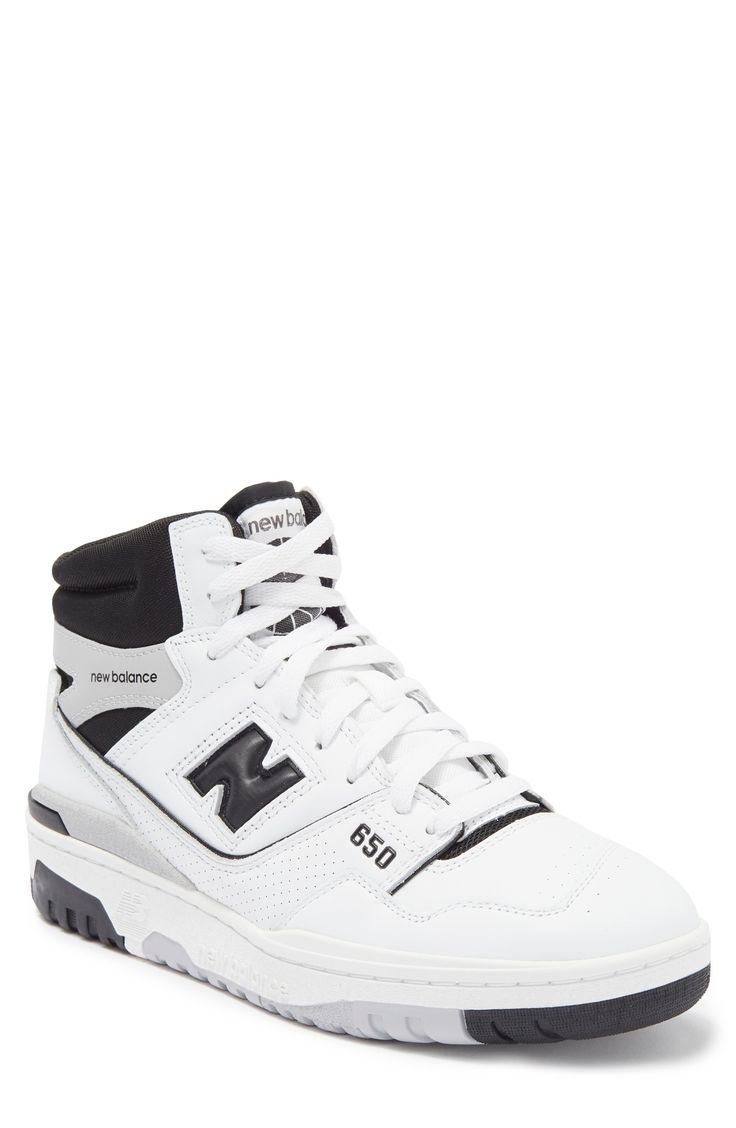 A basketball-inspired sneaker features a high-top profile and bold colorblocking with branding for added charm. Leather upper/synthetic lining/rubber sole Imported New Balance has received the Fair Labor Association accreditation, which signifies that the company has effective systems and procedures in place to successfully uphold fair labor standards throughout its supply chains, including strategies and tools to address and improve working conditions New Balance Sports Sneakers With Logo, New Balance Logo Sneakers For Sports, New Balance Sneakers With Logo For Sports, New Balance Basketball Shoes With Rubber Sole For Streetwear, Functional New Balance Lace-up High-top Sneakers, White High-top Sneakers For Sports With Logo, White High-top Sports Sneakers With Logo, White High-top Basketball Shoes With Logo, White High-top Sneakers With Logo For Sports