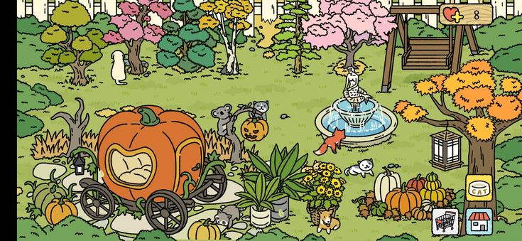 an image of a cartoon scene with pumpkins and other things in the background,