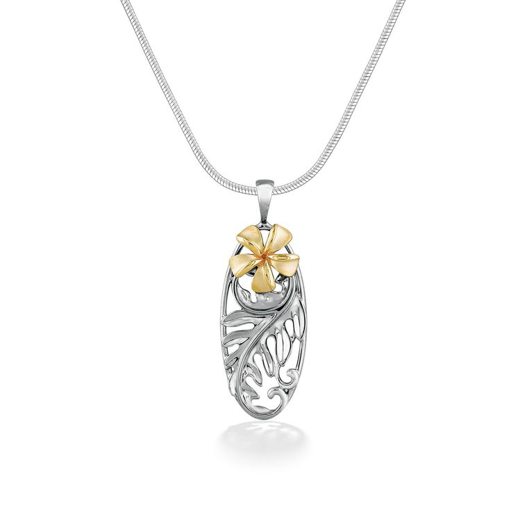 44897 - 14K Yellow Gold and Sterling Silver - Plumeria Ulu Scroll Pendant White Gold Necklace With Large Pendant For Anniversary, Gold Filigree Cross Pendant Necklace, Elegant Cross Pendant Necklace With Large Pendant, Elegant Necklace With Large Cross Pendant, Engraved White Gold Flower Pendant Necklace, Hallmarked Yellow Gold Flower Pendant Necklace, Yellow Gold Flower Pendant Necklace, Formal Necklace With Polished Flower Pendant, Yellow Gold Flower Pendant Necklace With Polished Finish