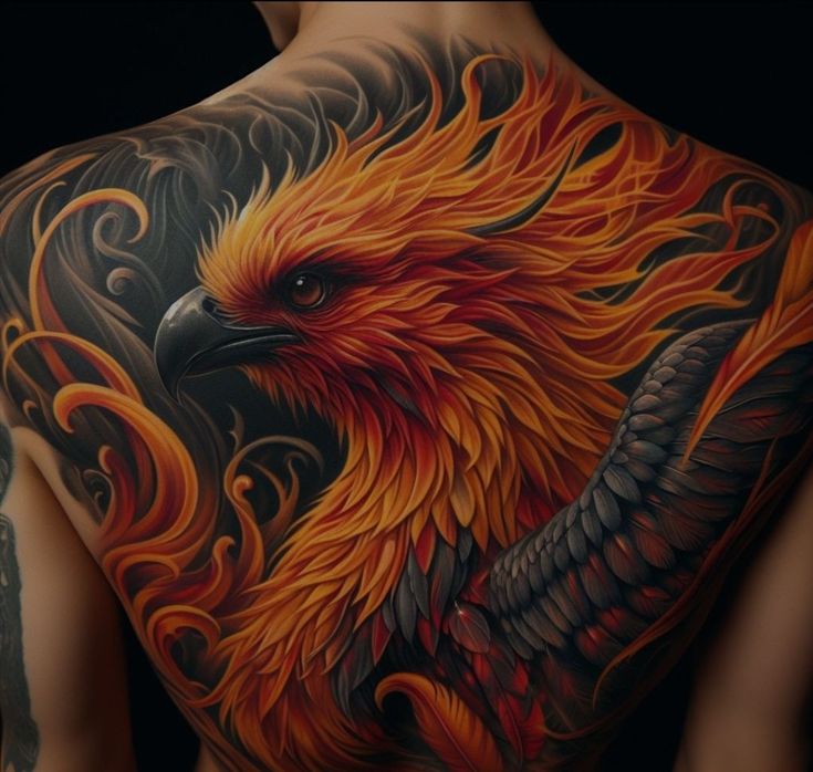 the back of a man's body with an eagle tattoo on it