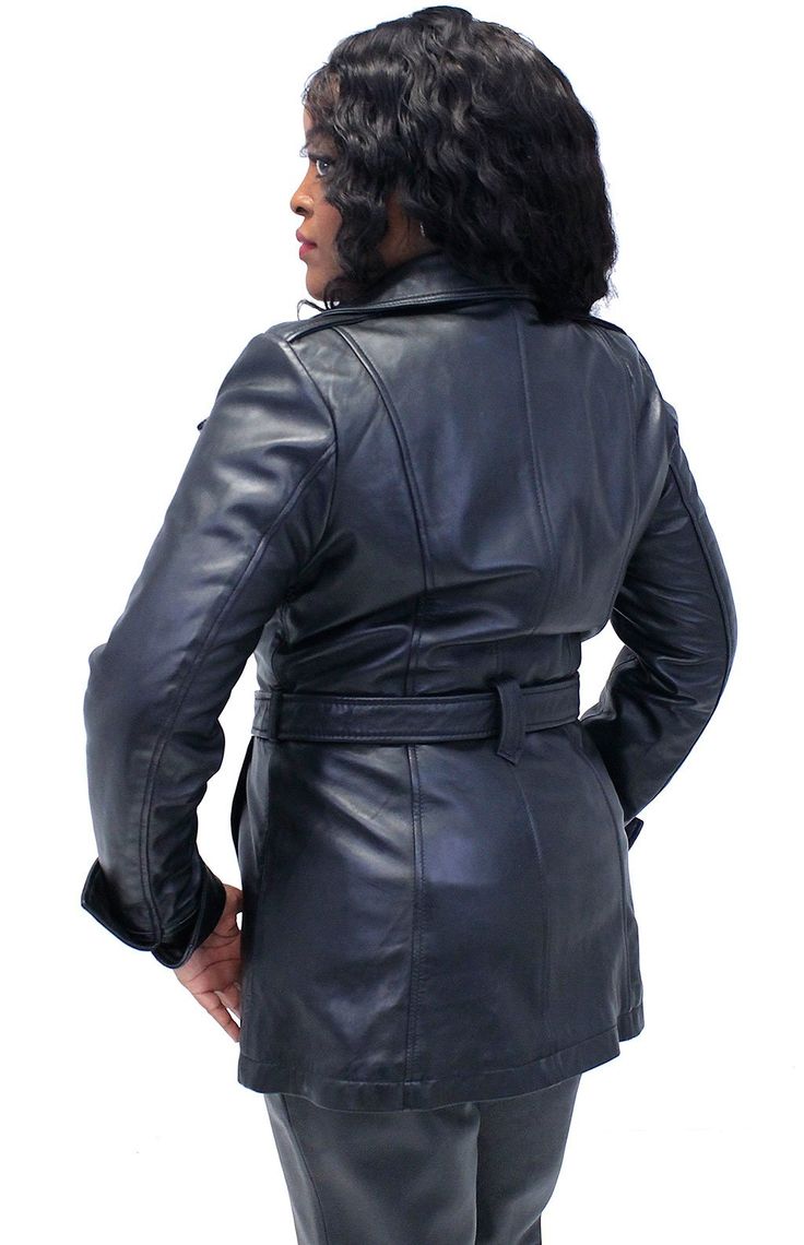 WOW! A lot of jacket here. A quality Ultra Premium leather belted motorcycle jacket for women. A 29" women's long leather motorcycle jacket with removable belt. This long body ladies belted biker jacket is available in plus sizes and comes with a long asymmetric front zipper for riding, two front lower pockets, a right side chest zipper pocket, a right side chest flap pocket and a soft nylon lining. The feel, fit and comfort of this premium ladies jacket is well worth the investment. Made of premium Ultra Premium cowhide leather. Sizes may run small. Sizes: S, M, L, XL, 2X, 3X, 4X, 5X. +$10 for 2X-3X, +$20 for 4X-5X. [7#] 29" long coat long asymmetric front zipper to close for double breasted protection large lapel motorcycle collar two lower front pockets one right chest zipper pocket one Fitted Leather Jacket With Belt Loops, Black Belted Biker Outerwear, Black Biker Outerwear With Belt, Winter Biker Outerwear With Belt Loops, Classic Leather Jacket With Belt Loops, Winter Moto Biker Jacket With Belt Loops, Moto Biker Jacket With Belt Loops For Winter, Fitted Moto Outerwear With Belt Loops, Fitted Leather Outerwear With Belt